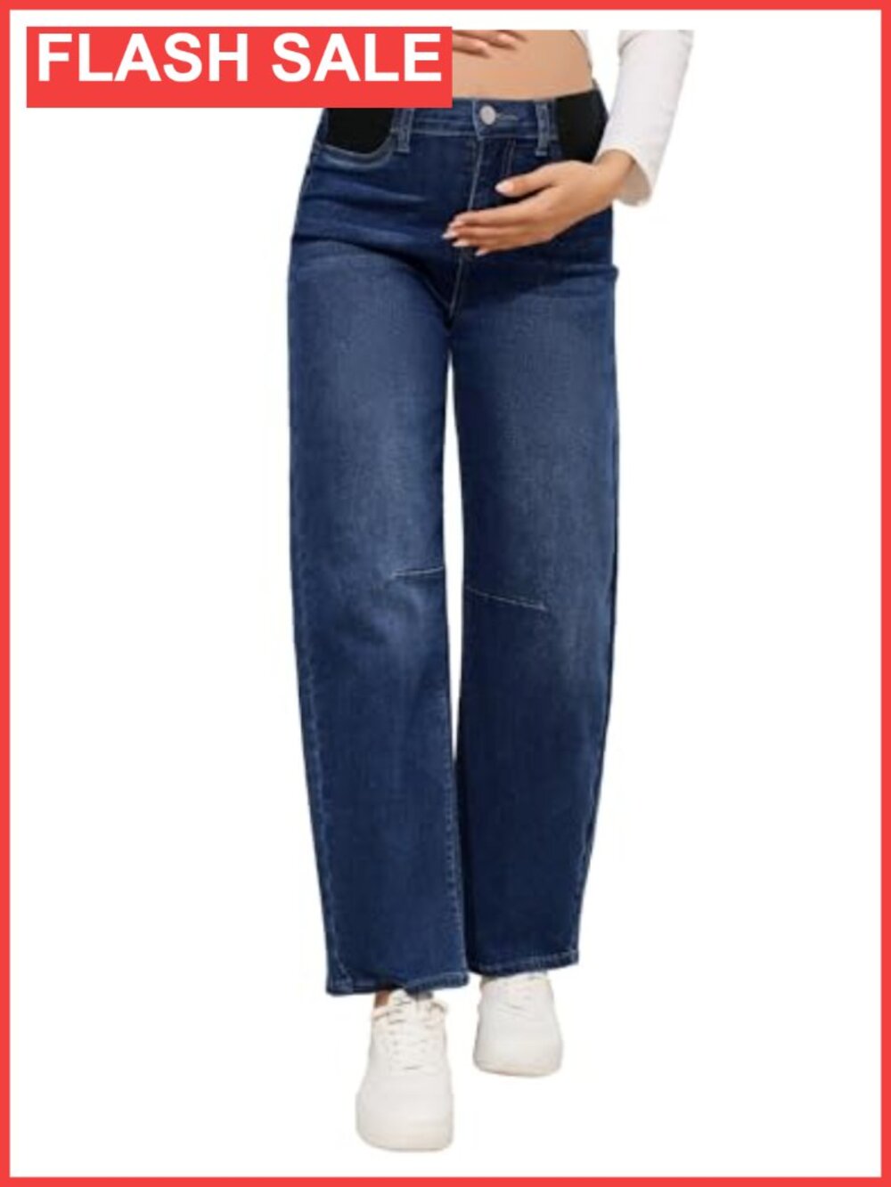 Maternity Wide Leg Barrel Jeans Mid Rise Adjustable Waist Stretch Denim